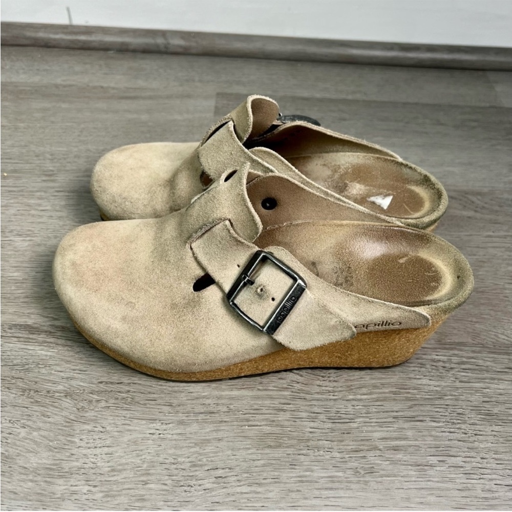 Papillio Fanny Suede Leather Taupe Slip On Wedge Clogs Size 37